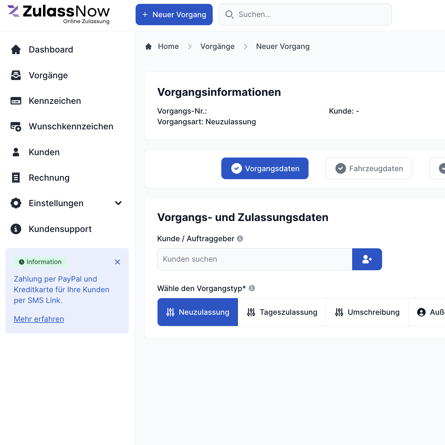 ZulassNow – Neuer Vorgang erstellen